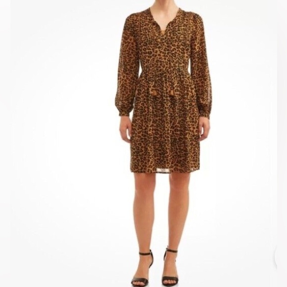 Time & Tru  Leopard Print‎ Long Sleeve Dress Small